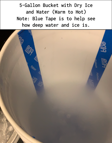 5-Gallon Bucket with Dry Ice and Water (Warm to Hot) Note: Blue Tape is to help see how deep water and ice is.